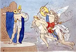 A depiction of valkyries encountering the god Heimdallr as they carry a dead man to Valhalla (1906) by Lorenz Frølich