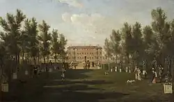 An oil painting showing a wide grassy avenue with trees on either side, leading to the brick south façade of Ham House, with an array of figures strolling through the gardens