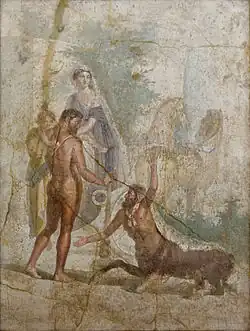 Hercules carrying his son Hyllus looks at the centaur Nessus, who is about to carry Deianira across the river on his back. Fresco from Pompeii, 30–45 CE