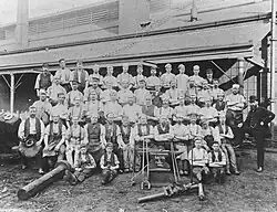 Hick Hargreaves & Co. smiths and strikers with a forman 1888.[114] An anvil and crankshaft in the foreground.