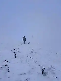 Picture of two hikers on the Franconia Ridge Trail, hiking through low visibility conditions in January 2025.