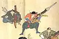 An Edo period wood block print showing samurai gunners using hiya zutsu (rocket guns) to fire bo-hiya
