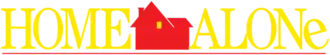 Yellow writing on a white background with a silhouette of a red house between the words "HOME" and "ALONe"