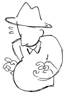A sketch of a man in a hat and collared shirt looking down at his visibly pregnant stomach