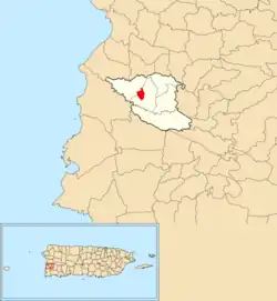 Location of Hormigueros barrio-pueblo within the municipality of Hormigueros shown in red