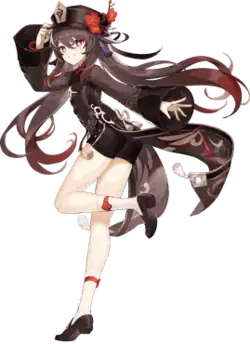 Hu Tao holding her hat and lifting her left leg