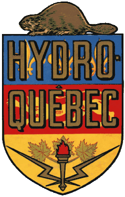 Hydro-Québec's old logo: the red, blue and yellow coat of arms of Quebec surmounted by a beaver and featuring the words HYDRO-QUEBEC in bold and two bolts of lightning