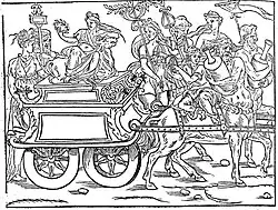 Woodcut illustration to Hypnerotomachia Poliphili, with centaurs pulling the car, 1499.
