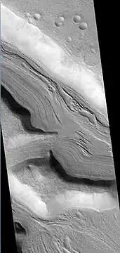 Hypsas Valles, as seen by HiRISE. Ridges are probably due to glacial flow. So water ice is under a thin layer of rocks.