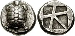 Aegina coin type, incuse skew pattern. Circa 456/445–431 BC.