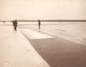Men harvest ice on Michigan's Lake Saint Clair, circa 1905. The ice was cut into blocks and hauled by wagon to a cold storage warehouse, and held until needed.