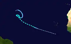 A map plotting the track and intensity Tropical Storm Ida at 6-hour intervals during its lifetime.