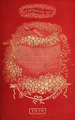 Cream embossing on a red background depicting an open, blank scroll surrounded by flowers; above says "Remember Me"; below says "1828"