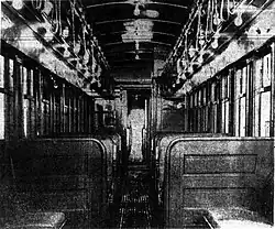Interior of a railway car with two rows of seats
