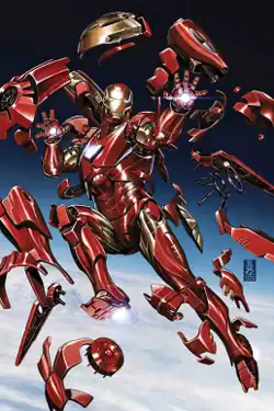 Iron Man flies as external pieces of armor fly off of him