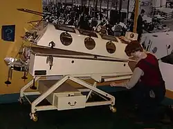 Both–Nuffield iron lung display at the Thackray Museum of Medicine, Leeds. Pictures show assembly at the Morris motor works.[35]