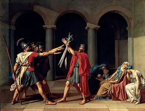 Oath of the Horatii; by Jacques-Louis David; 1784; oil on canvas; 3.3 x 4.27 m; Louvre[27]