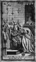 St. Adalbert before Emperor Ota II. in Verona receiving episcopal ordination in Rosa Boemica (1668), after Karel Škréta
