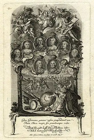 Engraving of the faces of the monarchs who participated in the Third Silesian War set against an allegorical scene representing the return of peace