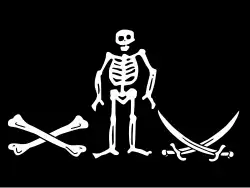 Another of Levasseur's pirate flags, described as “… made of black cloth and was painted in the middle a skeleton flanked by scattered bones and crossed cutlasses”[14]