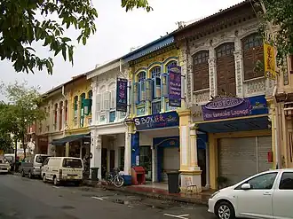 Double storey shophouses at Joo Chiat Lane, a common design in the outer reaches of urban Singapore.