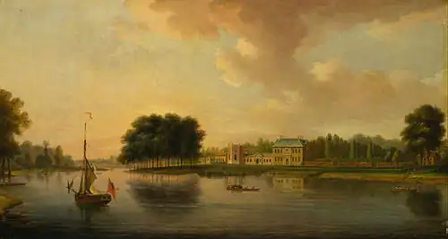 Painting of Orleans House, Twickenham by British artist Joseph Nickolls (1689–1789), circa 1750, held at the Yale Center for British Art