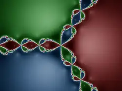 Julia set (white) and Fatou set (dark red/green/blue) for '"`UNIQ--postMath-00000008-QINU`"' with '"`UNIQ--postMath-00000009-QINU`"' in the complex plane.