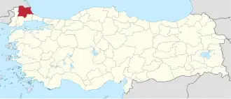 Kırklareli highlighted in red on a beige political map of Turkeym