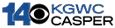 A blue sans serif 14 next to the CBS eye in black. On two lines in a wide sans serif, in blue then black, are the words K G W C and Casper.