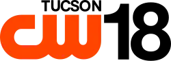 The CW logo, an orange thick logo with the letters C and W connected, in the lower left. Above it, right-aligned, is the word Tucson capitalized in a sans serif. To the right of both, full-height, is a sans-serif numeral 18.