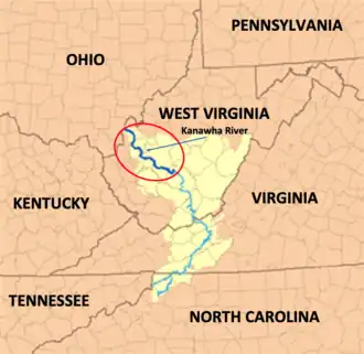 map of Kanawha River and surrounding states showing the Kanawha River in West Virginia flowing northwest to the Ohio River and border of the state of Ohio