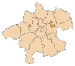 The city’s territory, highlighted on a map of Upper Austria, with the borders of the surrounding districts visible.