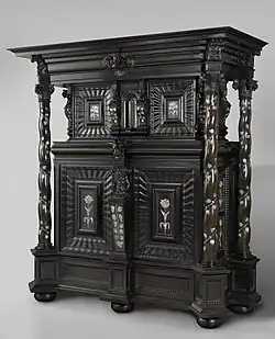 An engraved mother-of-pearl inlaid ebony cabinet by Herman Doomer, collection Rijksmuseum, Amsterdam, object number BK-1975-81.