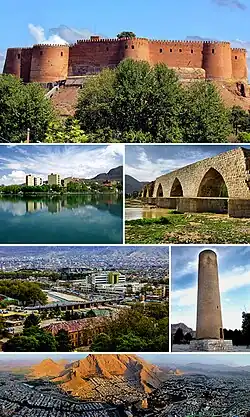 Montage of Khorramabad, Clockwise:Falak-ol-Aflak Castle, Keeyow lake, Shapuri bridge, View of the Khorramabad city, Brick Minaret, Panorama of Khorramabad