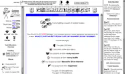 A web page broken up into frames. The center frame shows the combat, consisting entirely of text and crude thumbnail images of drawings. There is also a chat pane showing various announcements and a character pane displaying the player's experience levels, hit points, and magic points.