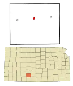 Two maps of Kiowa County and the state of Kansas, with Greensburg highlighted in red in the middle of the Kiowa County map