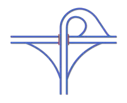 Trumpet interchange: a motorway "T" junction, used where the interchange represents the terminus of one of the two roads; also common on toll roads as it requires only one tollbooth