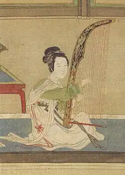 Konghou angular harp, shown on painted silk (1494–1552)