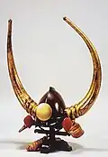 Black lacquered peach-shaped buffalo horns helmet or momonari kabuto owned by Kuroda Nagamasa; Fukuoka City Museum collection