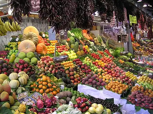 Fruit display at Mercat de La Boqueria in La Rambla, Barcelona