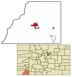 Location of the City of Durango in La Plata County, Colorado