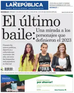 Main front page article is entitled "El ultima baile: Una mirada a los personajes que definieron el 2023" (EnglishL The Last Dance: A Look at the Personas who Defined 2023) with a composite photo of three women. The blue nameplate is across the top, a table of contents is in a column to the right, and an advertisement for Banco Promerica runs across the bottom.