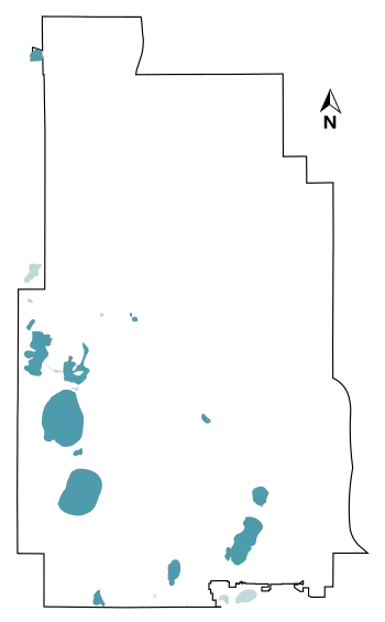 Lakes, in blue, against a white background with the outline of Minneapolis in black