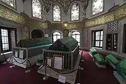 Interior of the mausoleum, with cenotaph of Mustafa III (center) and cenotaph of Selim III (left)