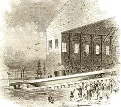 drawing showing the Launch of USS Monitor into the East River at Brooklyn