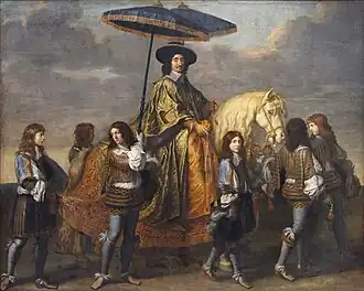 A painting of Chancellor Pierre Séguier with a parasol hoisted above his head, by Charles Le Brun, 1670