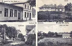 Lejkowo (German: Leikow),postcard sent on May 21, 1928. From the top: Karl Hasse Inn; School; Village road; View from the nearby hill. Publisher:Photograph Georg Schier.