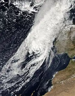 Satellite image of Leslie approaching the Iberian Peninsula from an easterly direction on 13 October, while becoming a tropical-storm-force extratropical cyclone