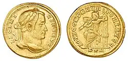 Gold coin depicting Licinius with laurel wreath facing right