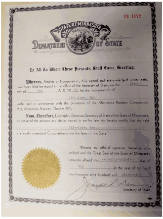 Life-Lube, Inc. certificate of incorporation from the Minnesota Department of State.